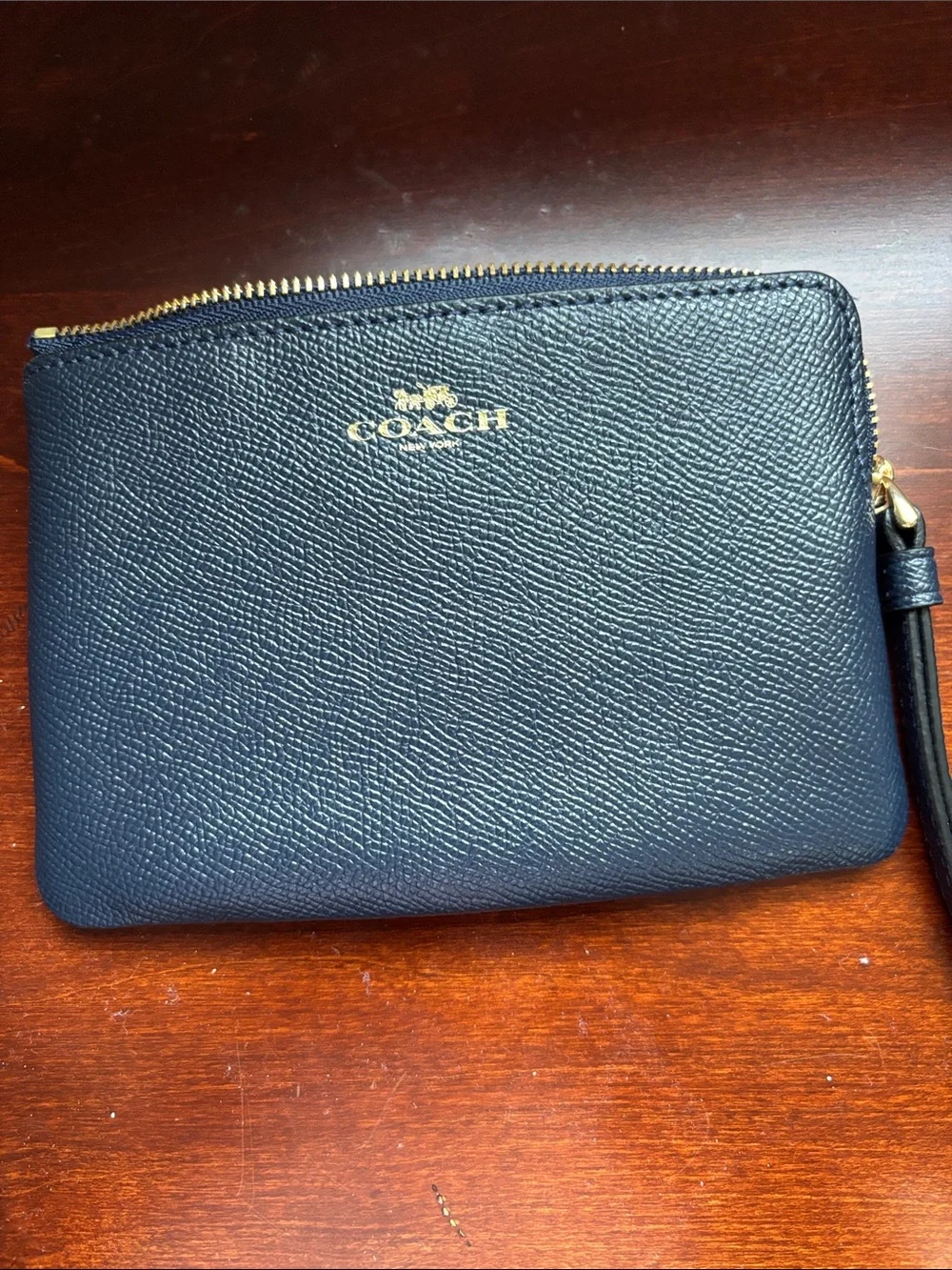 Coach Navy Leather Zip Pouch with Gold Hardware